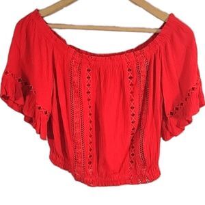 Divided/H&M,  Red Ruffled Off Shoulder Eyelet Cropped Blouse-Size 2